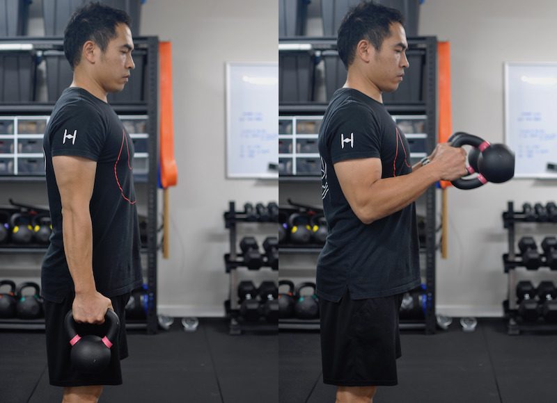 Side angle of kettlebell hammer curls