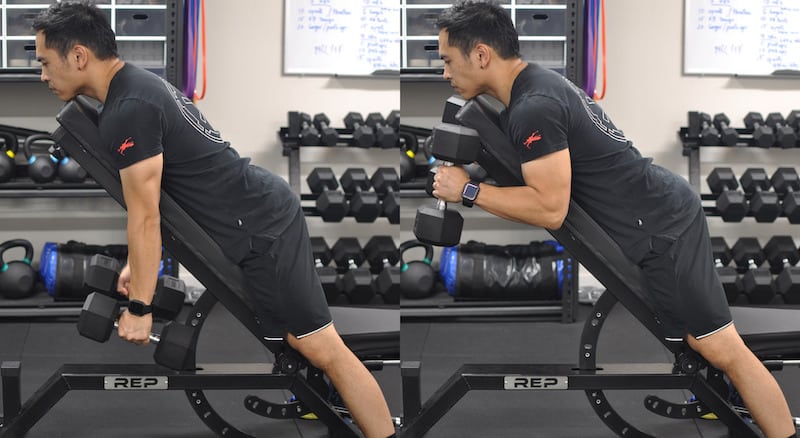 Mike demonstrating decline hammer curls start to end