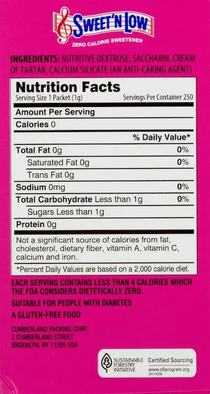 Sweet and low nutritional info