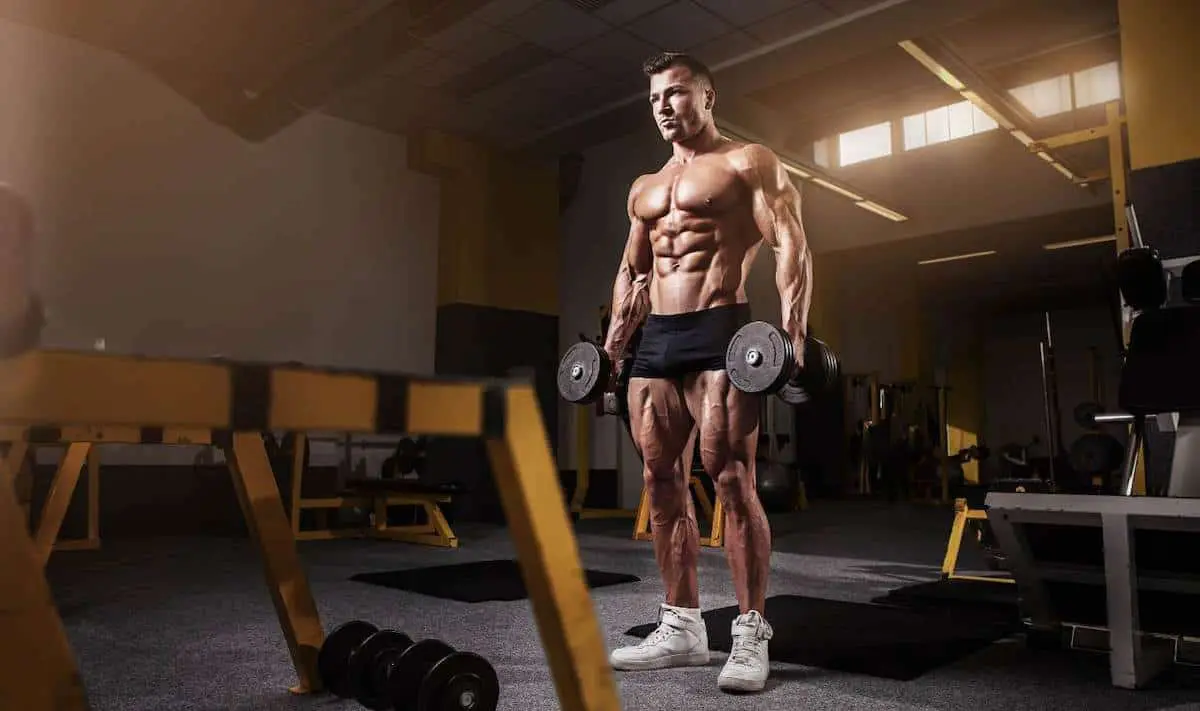 Shredded man holding dumbbells